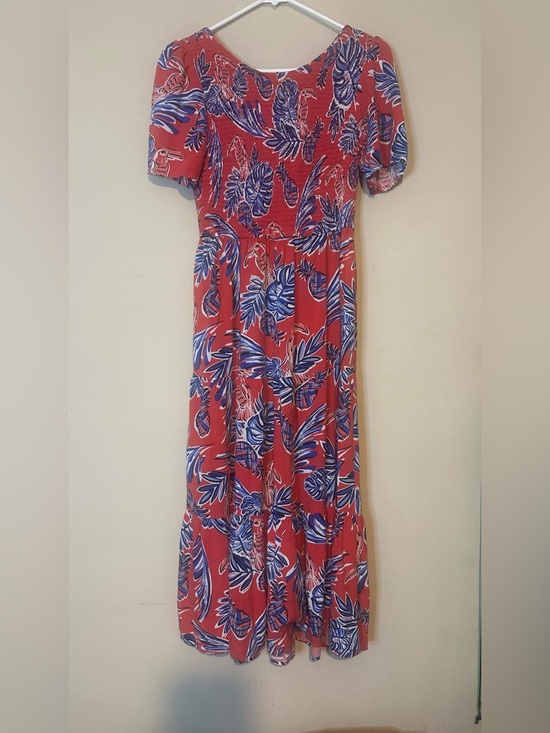 Sincerly Jules Dresses & Skirts - Red Tropical Print Dress with Blue Leaf Pattern